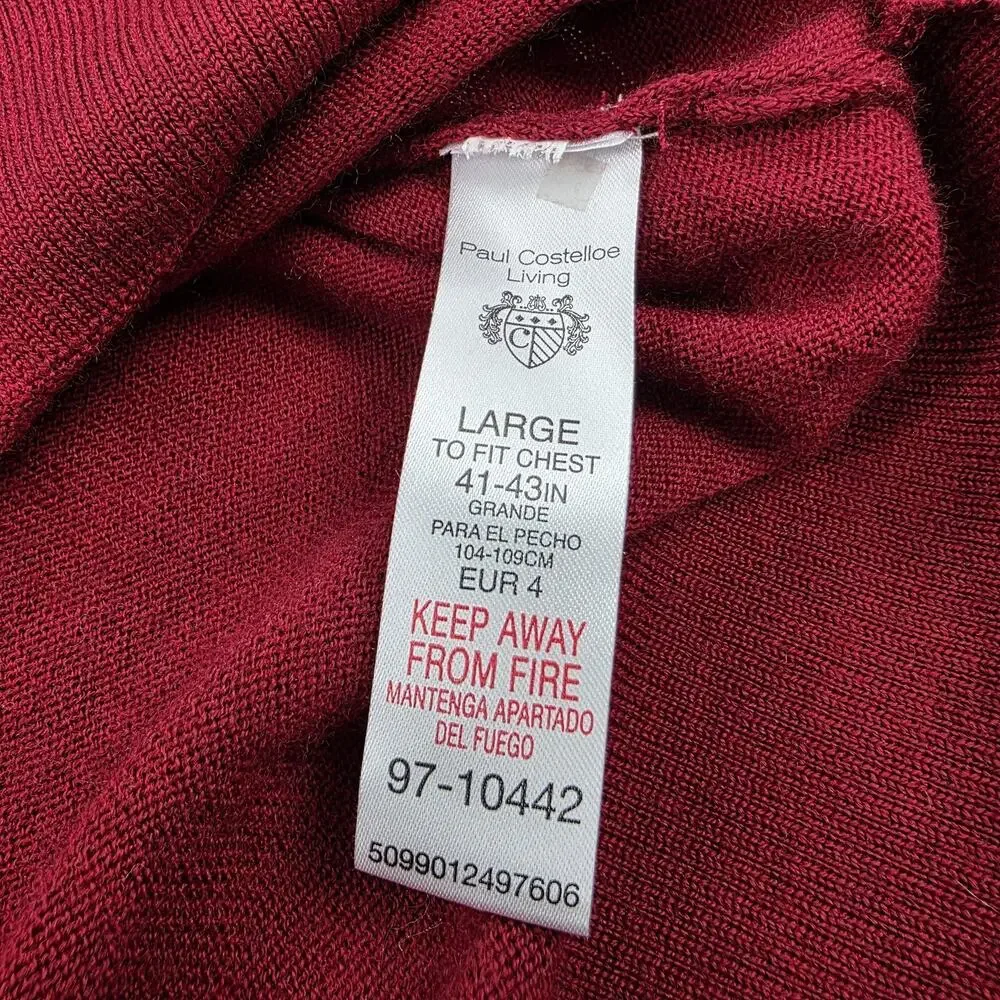 Paul Costelloe Living Sweater Mens Large Red Merino Wool 1/4 Zip Mock Neck
